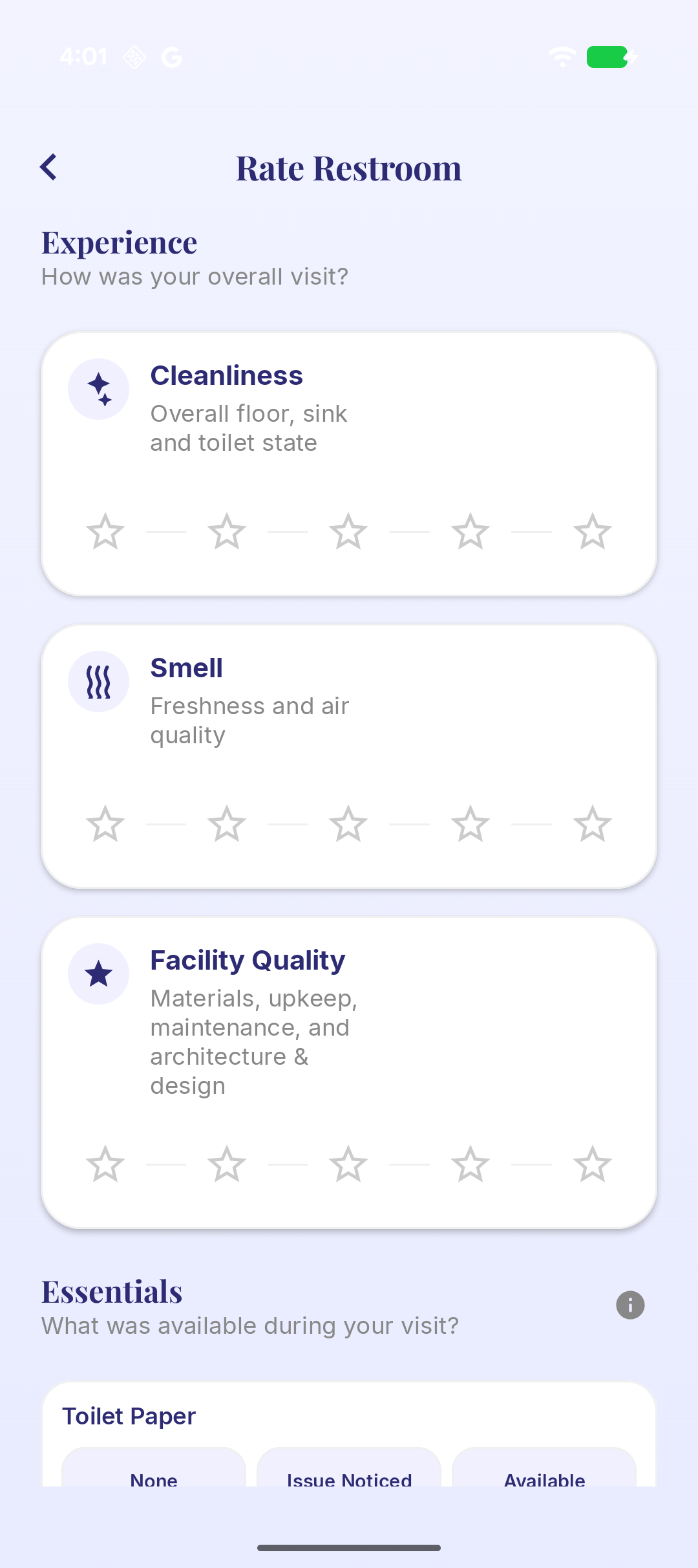 Actual Flush Royale rating screen defining cleanliness, smell, facility quality, and essentials