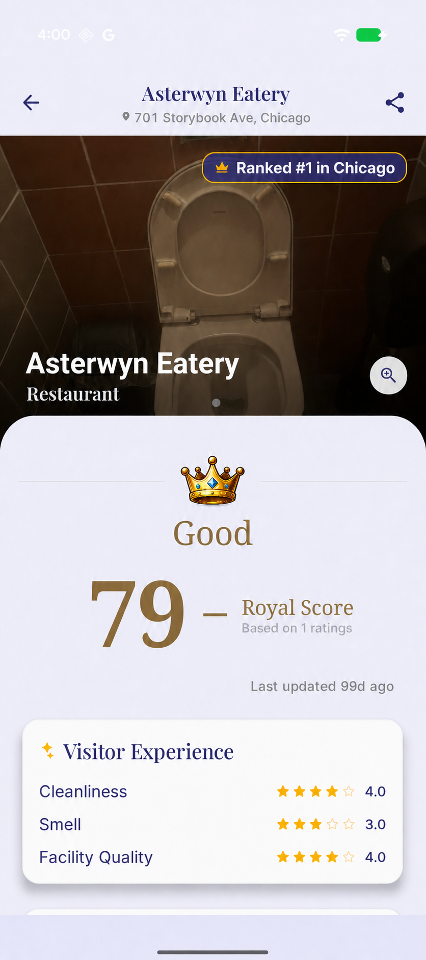 Flush Royale restroom detail screen with a Royal Score of 79 and category ratings