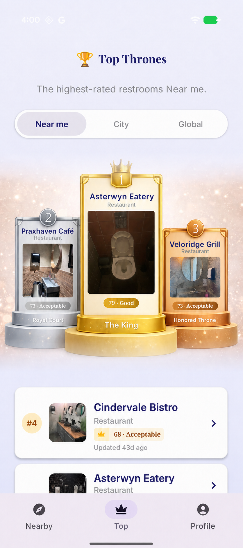 Flush Royale Top Thrones screen ranking the highest-rated nearby restrooms
